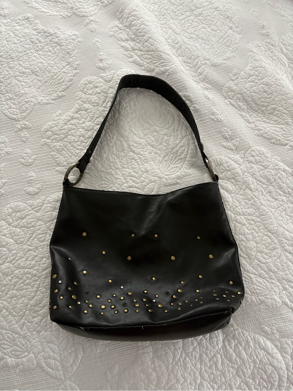 Nine West Black Leather Shoulder Bag with Gold Stud Accents
